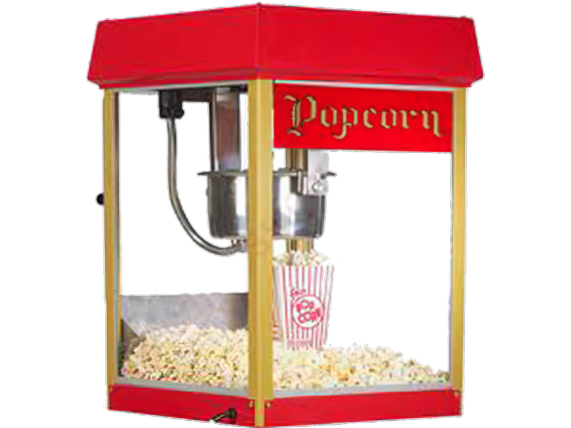 A red and gold popcorn machine is filled with popcorn.