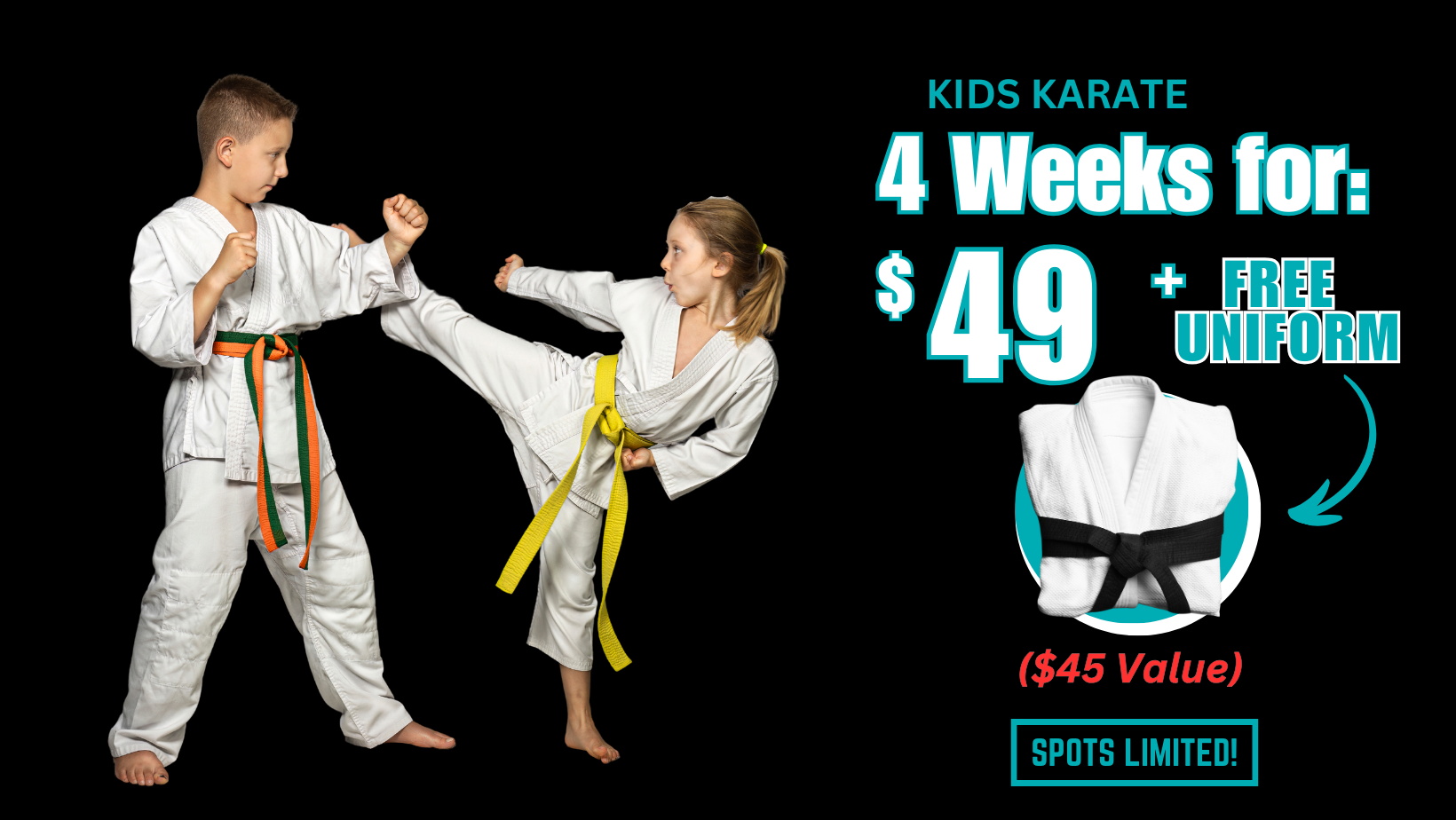 A boy and a girl are practicing karate.