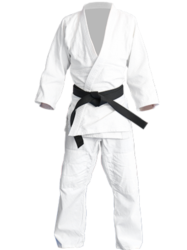A white karate uniform with a black belt.