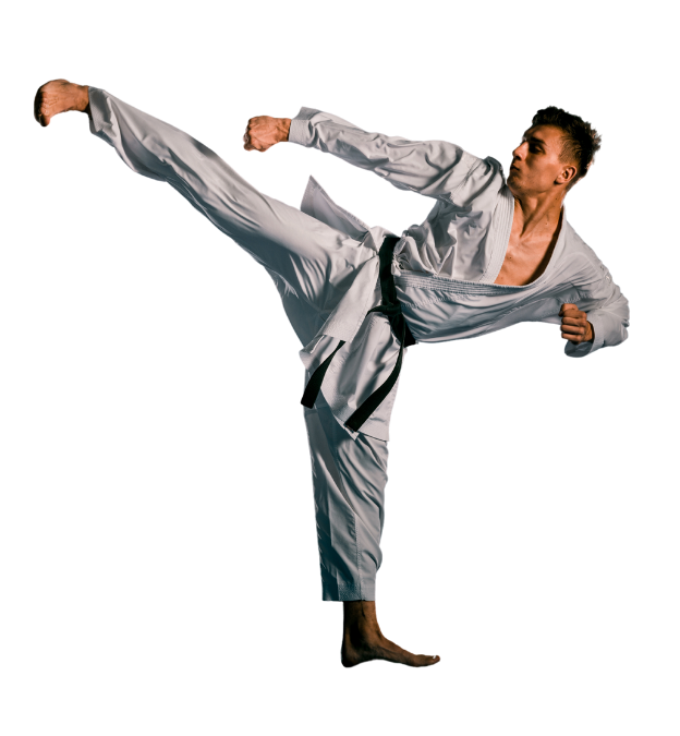 A man in a karate uniform is kicking in the air.