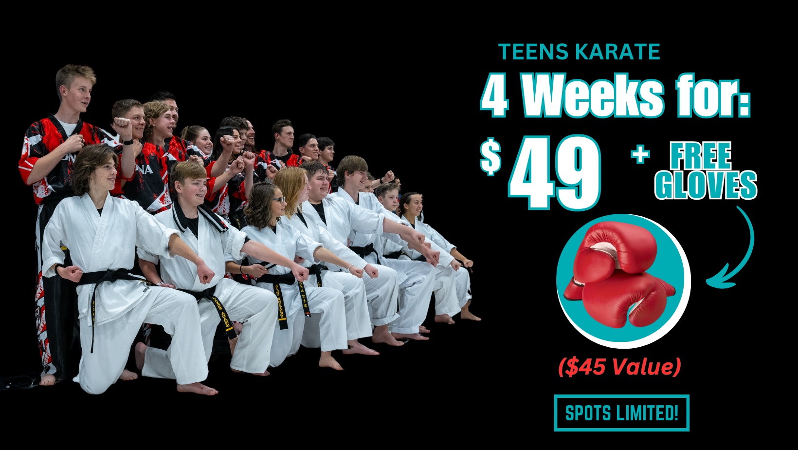 A group of people in karate uniforms are sitting in a row.