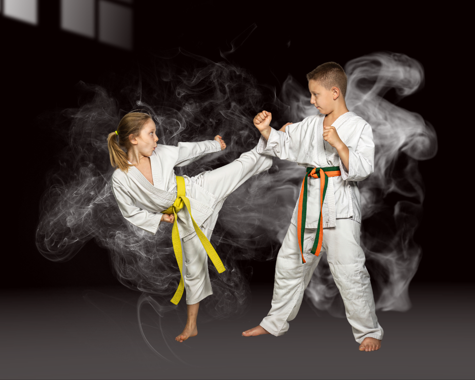 A boy and a girl are practicing karate in a dark room.