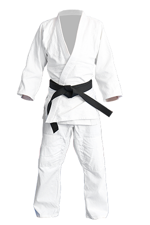 A white karate uniform with a black belt on a white background.