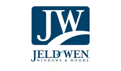 A blue and white logo for jeld wen windows and doors