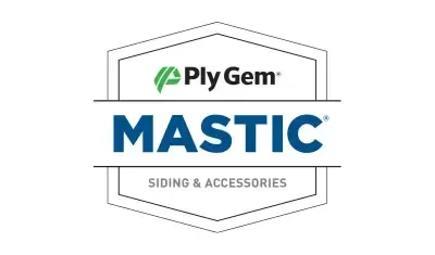 A logo for a company called ply gem mastic siding and accessories.