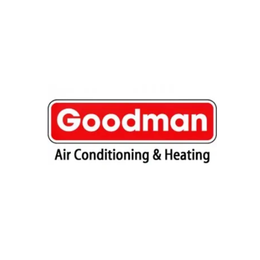 The logo for goodman air conditioning and heating is red and white.