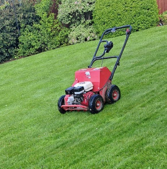 Machine aerating a lawn