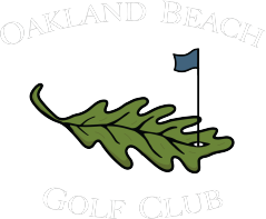 The logo for the oakland beach golf club shows an oak leaf and a golf flag.