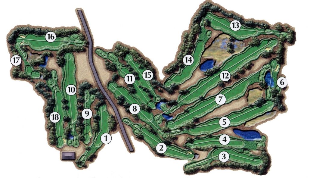 A map of a golf course with numbers on the holes.