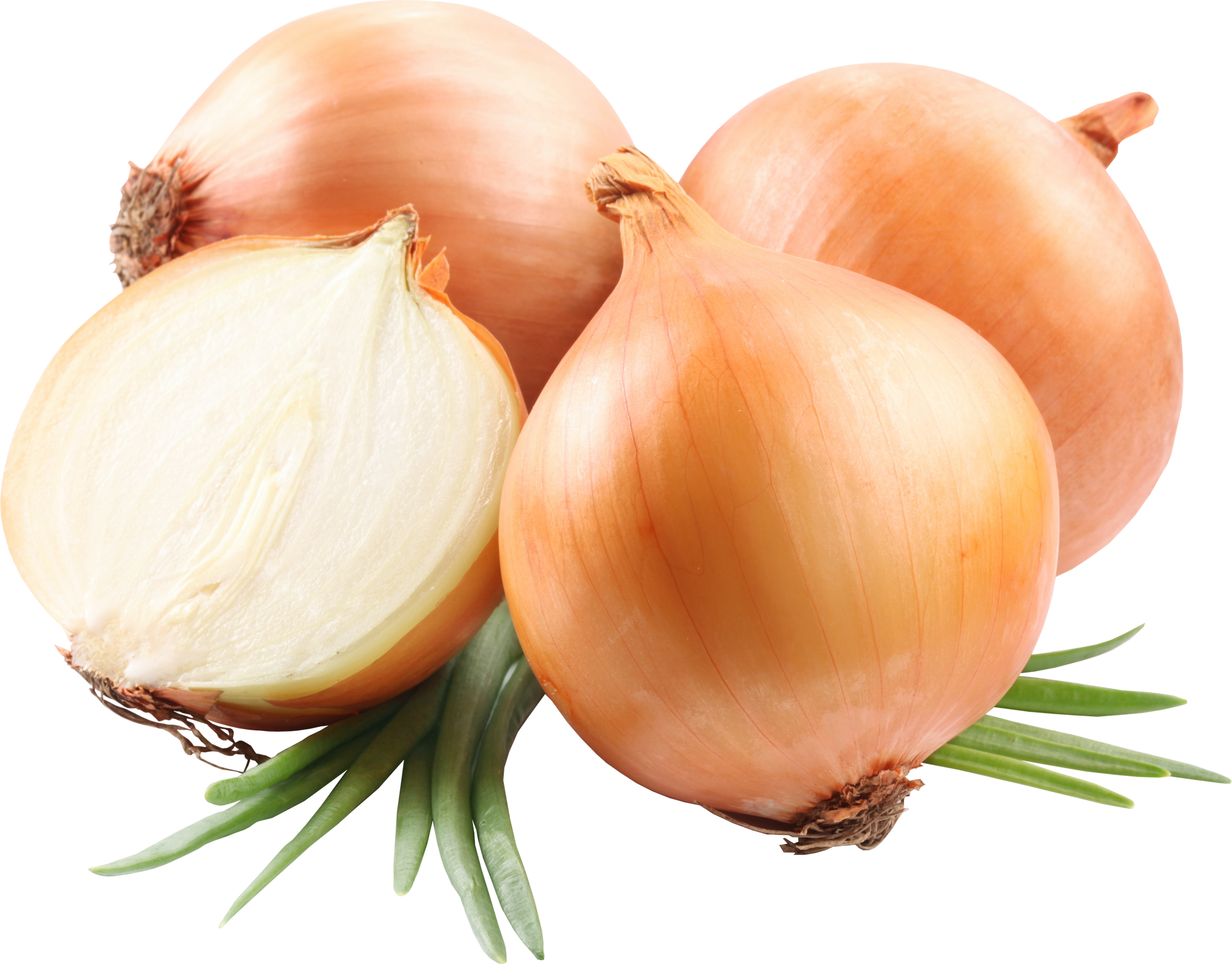 A bunch of onions with one cut in half