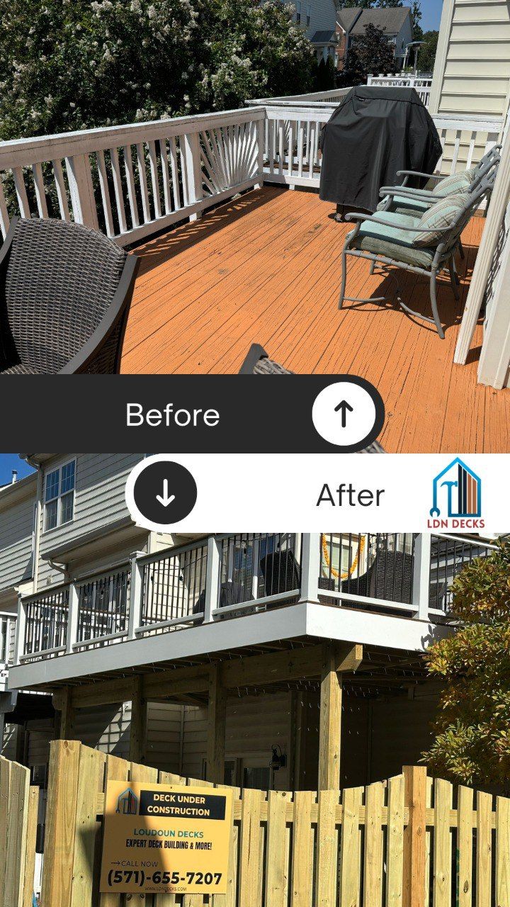 Before-and-after of a deck. Top shows the stained deck with furniture. Bottom shows the rebuilt deck and fencing.