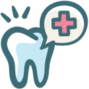 A tooth with a cross in a speech bubble.