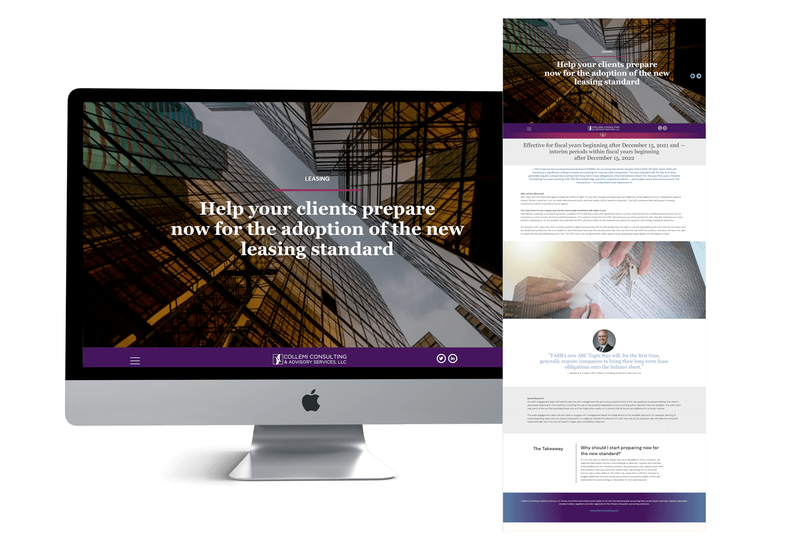 Collemi Consulting publication on Mac screen that reads Leasing Help your clients prepare now for the adoption of the new leasing standard