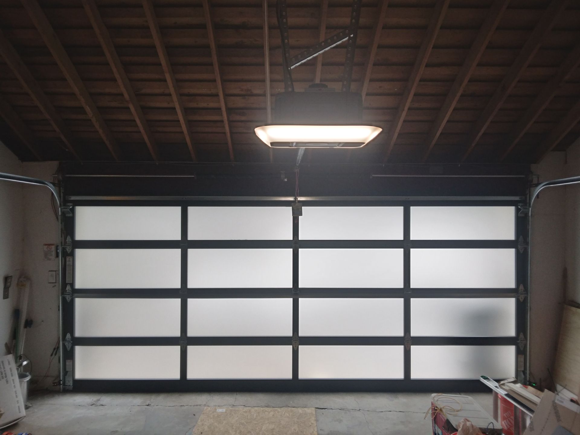 The inside view of a garage door installation in Fairfield, CA by Garage Door Excellence