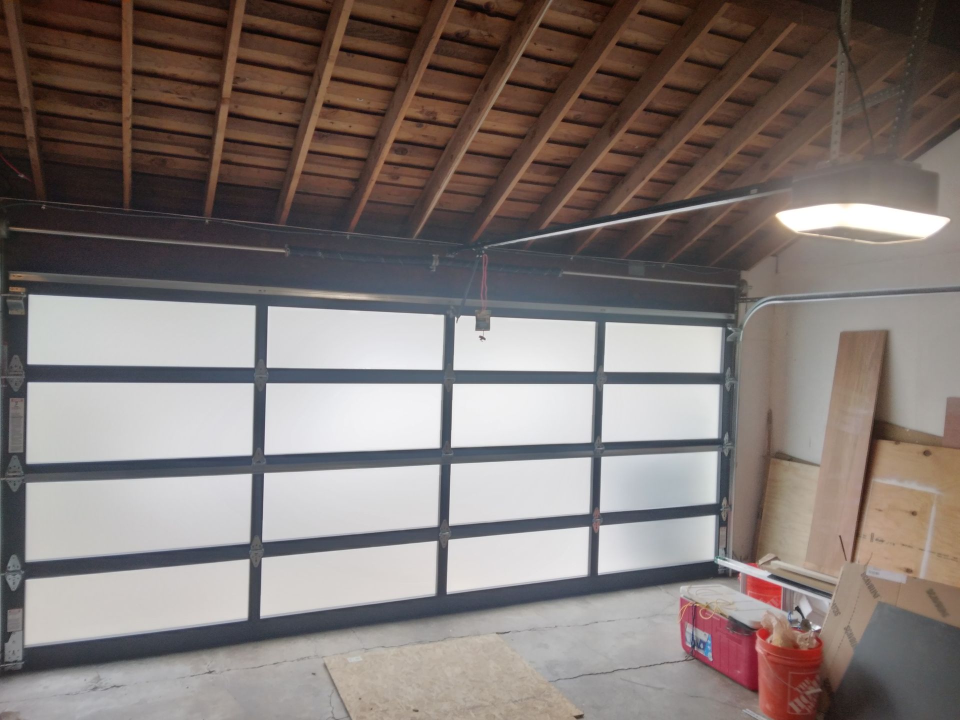 The inside view of a garage door installation in Fairfield, CA by Garage Door Excellence