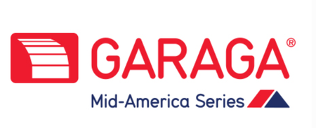 Logo for Garaga Mid-America Series, with a red square, red text and a blue triangle.