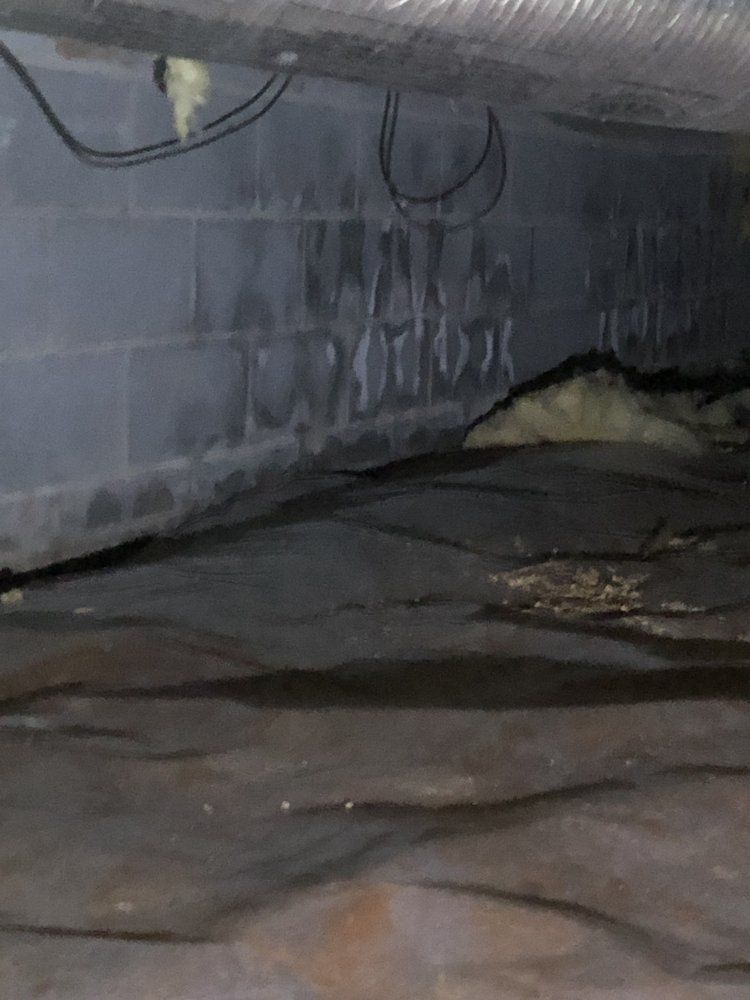 A crawl space with a brick wall and a drain pipe.