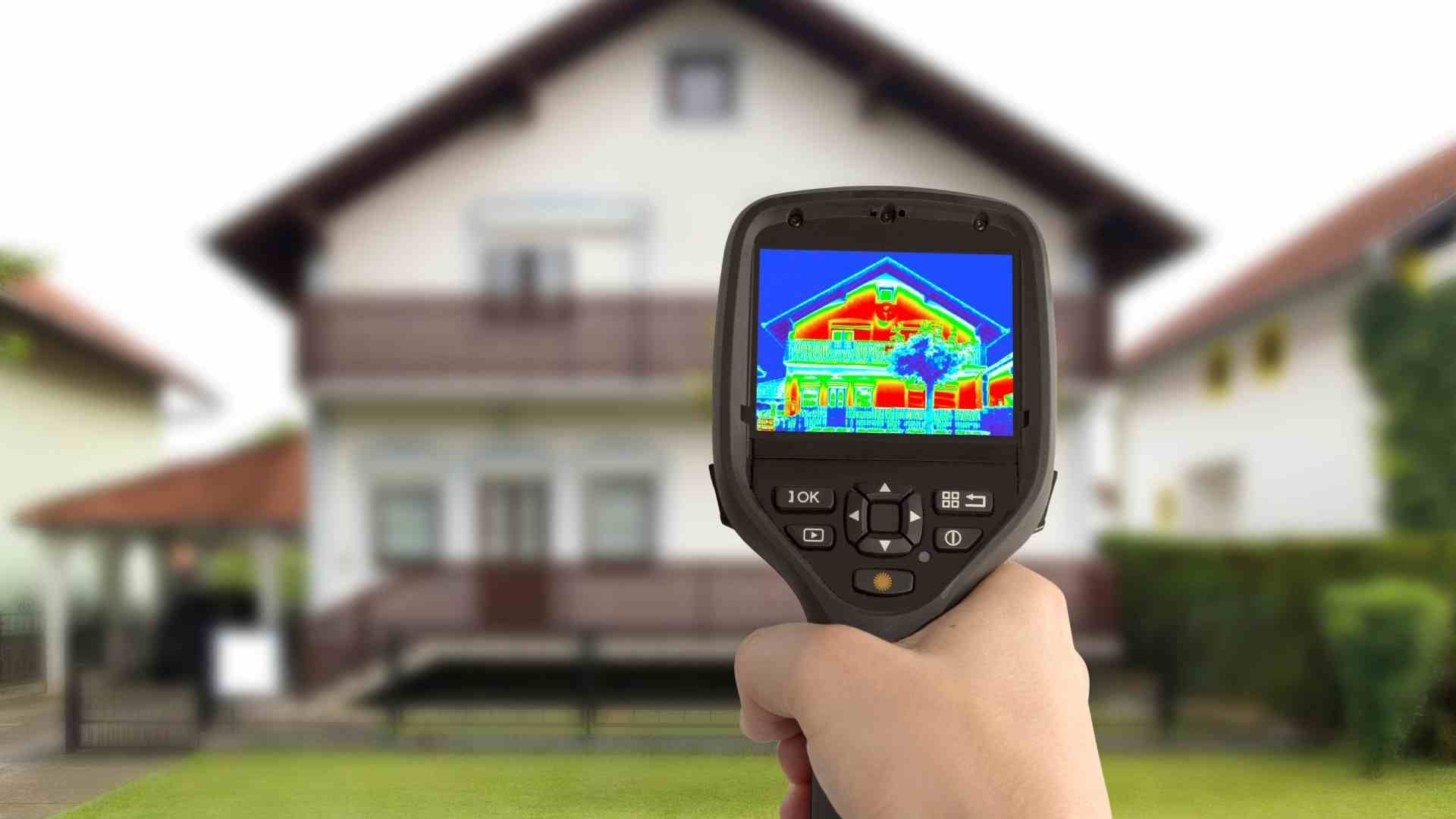 A person is holding a thermal camera in front of a house.