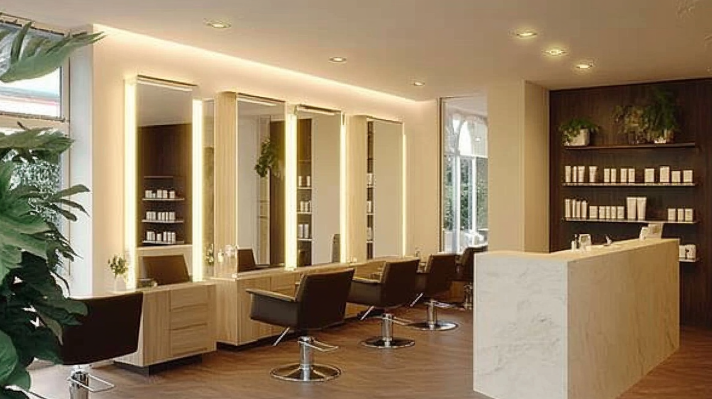 Eine 3D-Darstellung eines Friseursalons mit Stühlen und einer Theke.