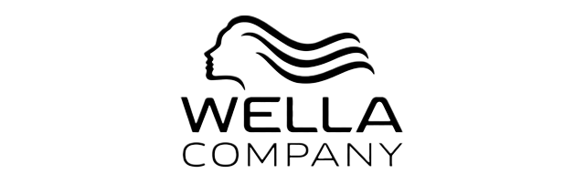 Ein schwarz-weißes Logo für die Firma Wella mit dem Kopf und Haar einer Frau.