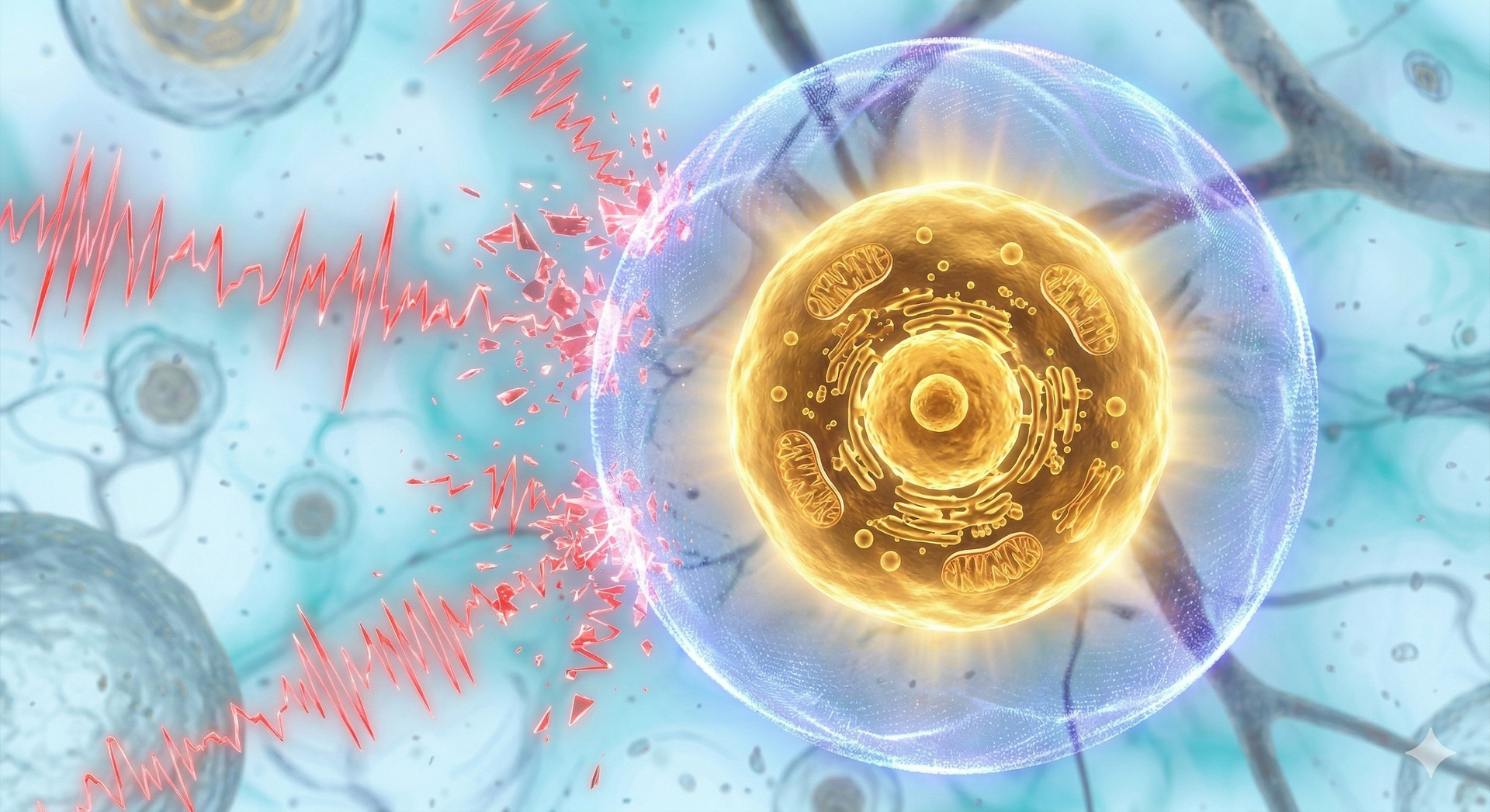 Si vede una cellula sana protetta da una barriera invisibile dai Campi Eettromagnetici