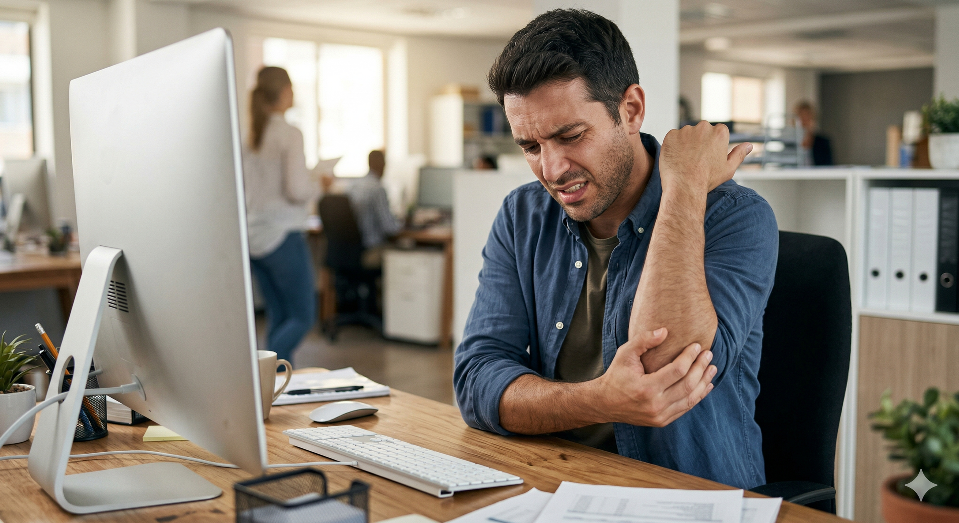 Si vede un videoterminalista al lavoro che si tocca un gomito con espressione di disagio