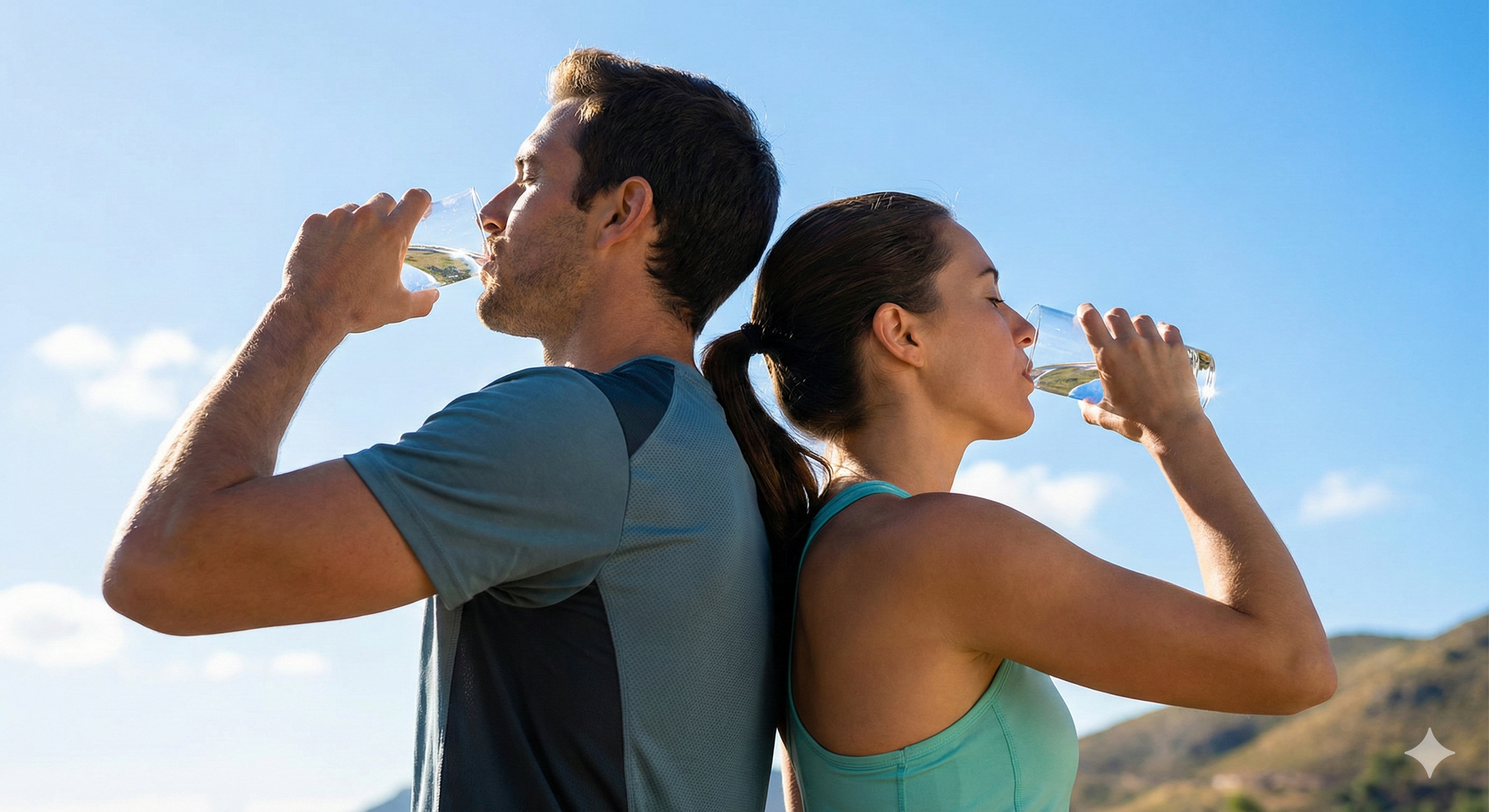 Si vedono un uomo ed una donna sportivi che bevono ciascuno un bicchiere d'acqua