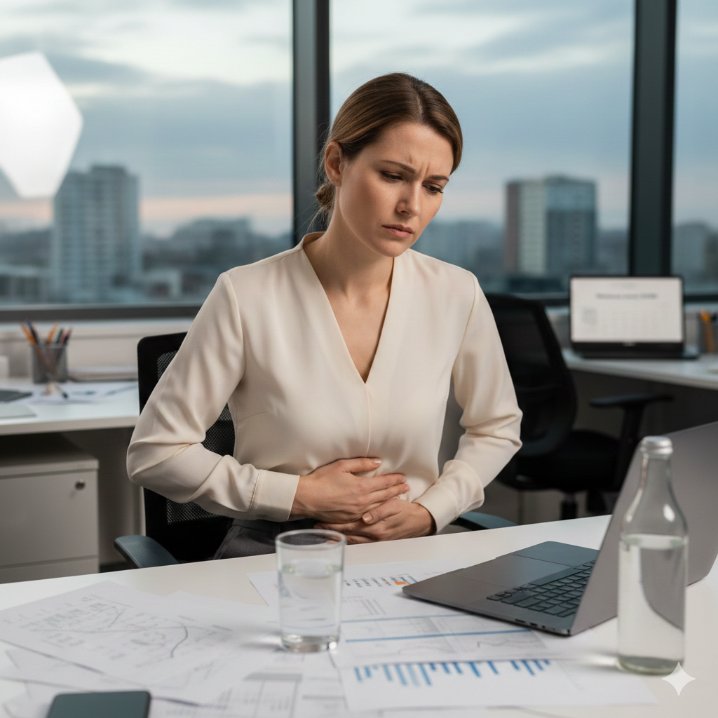 Si vede una donna al lavoro in ufficio che si tocca lo stomaco con espressione di fastidio