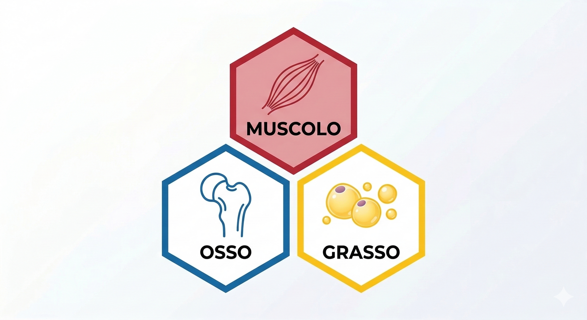 Si vede un disegno con tre icone per esprimere la relazione tra muscolo osso e grasso