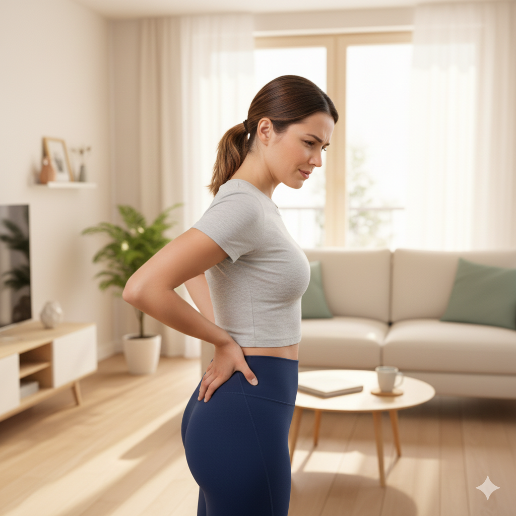 Si vede una giovane donna che si tocca la schiena con espressione di dolore