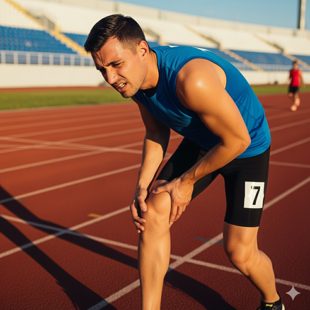 S vede uno sportivo che si tocca un ginocchio con espressione di dolore