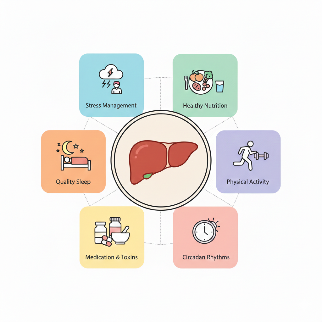Si vede un disegno con i principali pilastri di salute del fegato