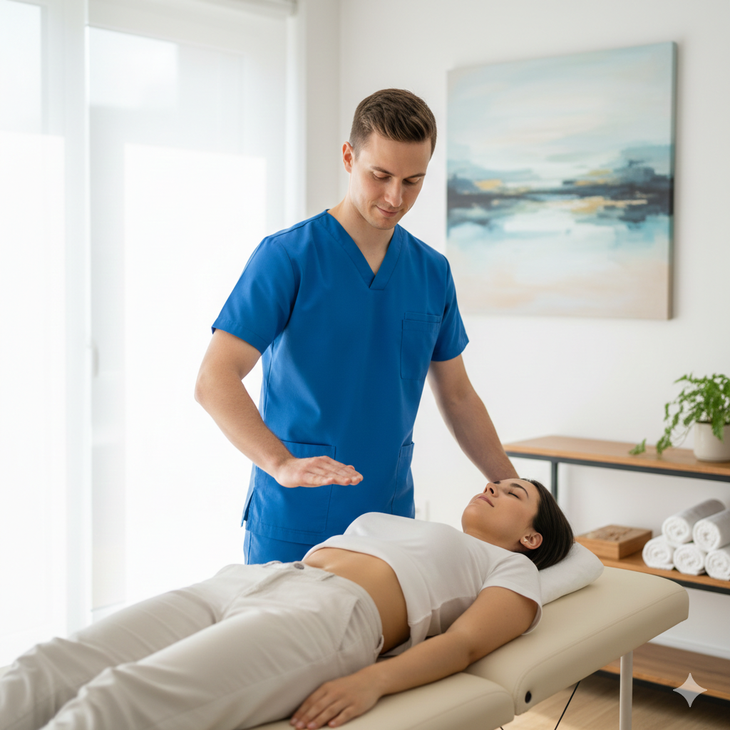 Si vede un terapeuta che valuta manualmente senza contatto l'addome di una cliente sul lettino