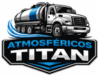 Logo de camión cisterna con texto “Atmosféricos Titan” en azul, blanco y negro.