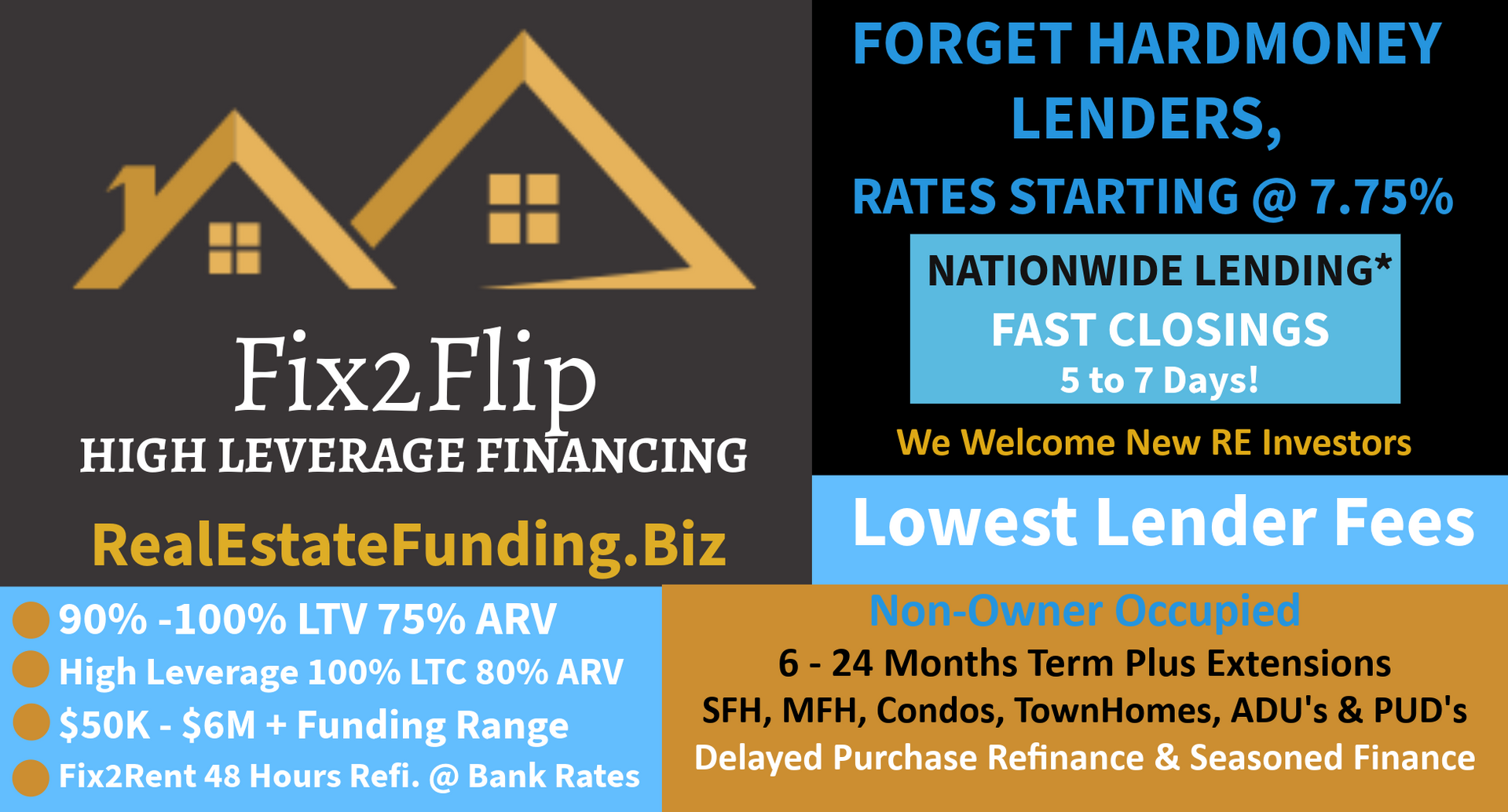 Fix2Flip high leverage financing, fast 5-7 days closing, 90%-100% LTC.