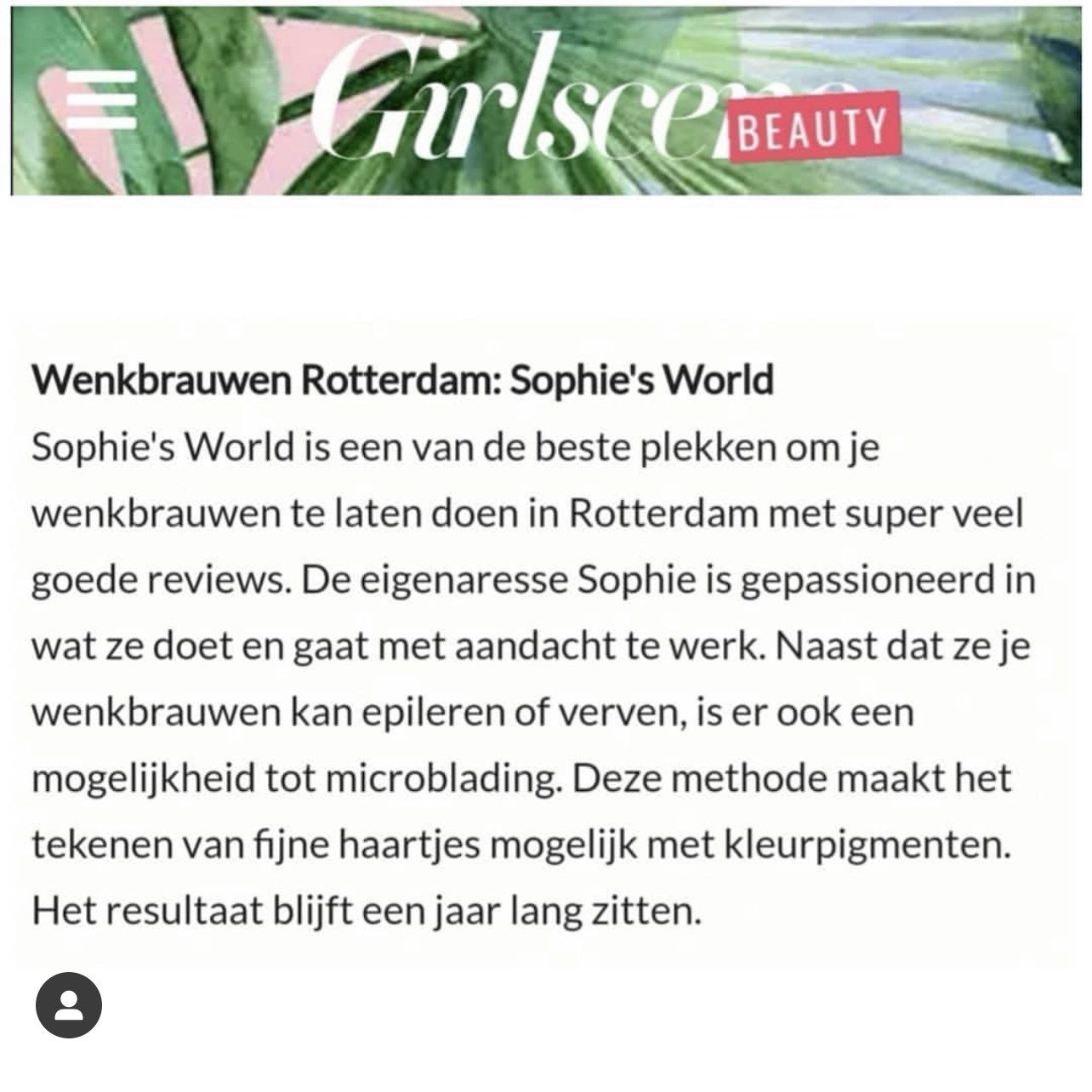 Een screenshot van een tijdschriftartikel over Sophie's wereld.