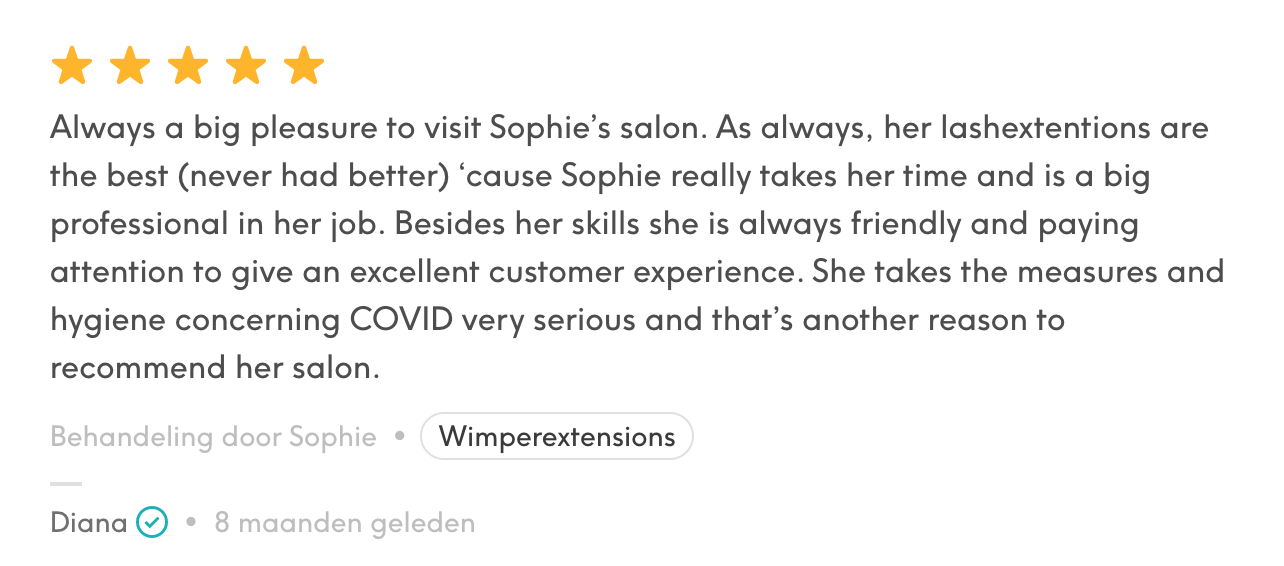Een recensie voor Sophie's salon heeft vijf sterren