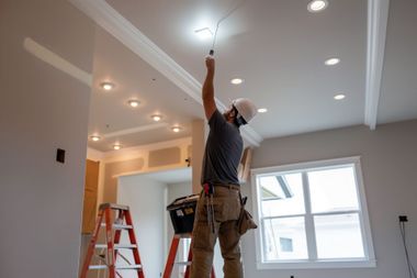 Worker installing a ceiling light in a bright room with red ladders and a window.