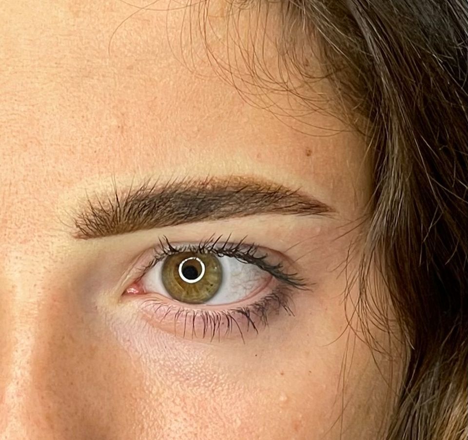Un primo piano dell'occhio di una donna con un sopracciglio marrone.