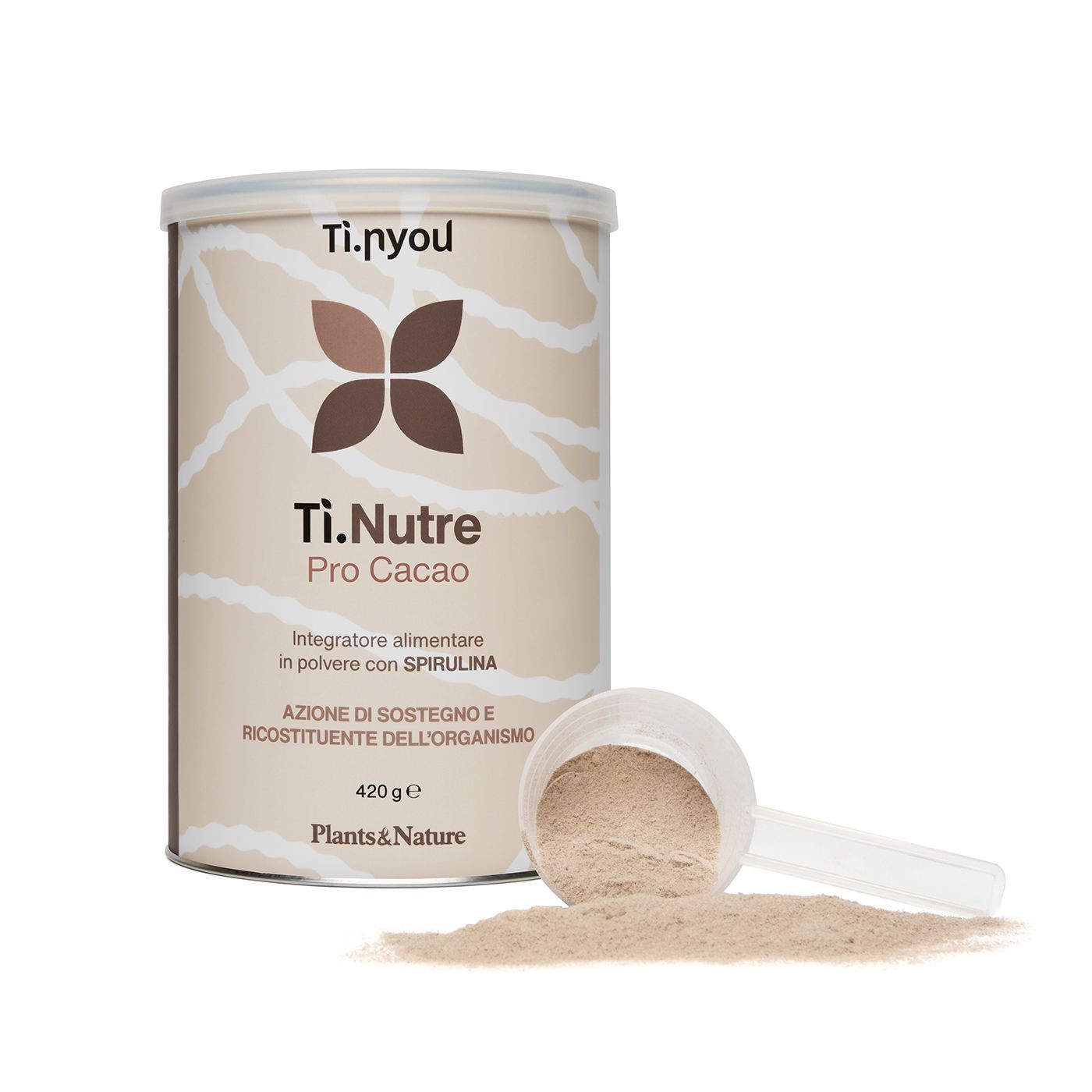 Una lattina di ti nutre pro cacao accanto a un misurino di polvere.