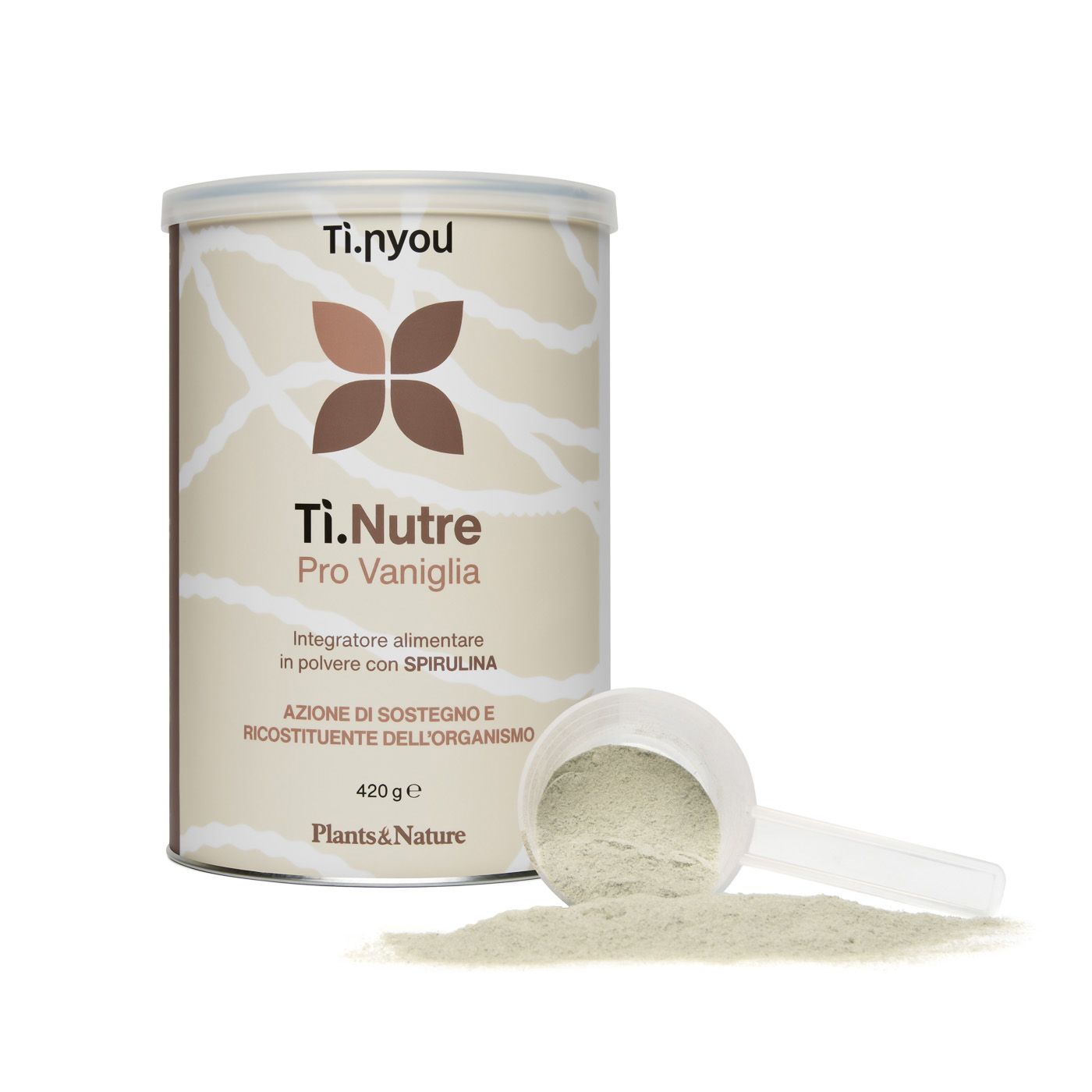 Una lattina di ti.nutre pro vaniglia accanto a un cucchiaio