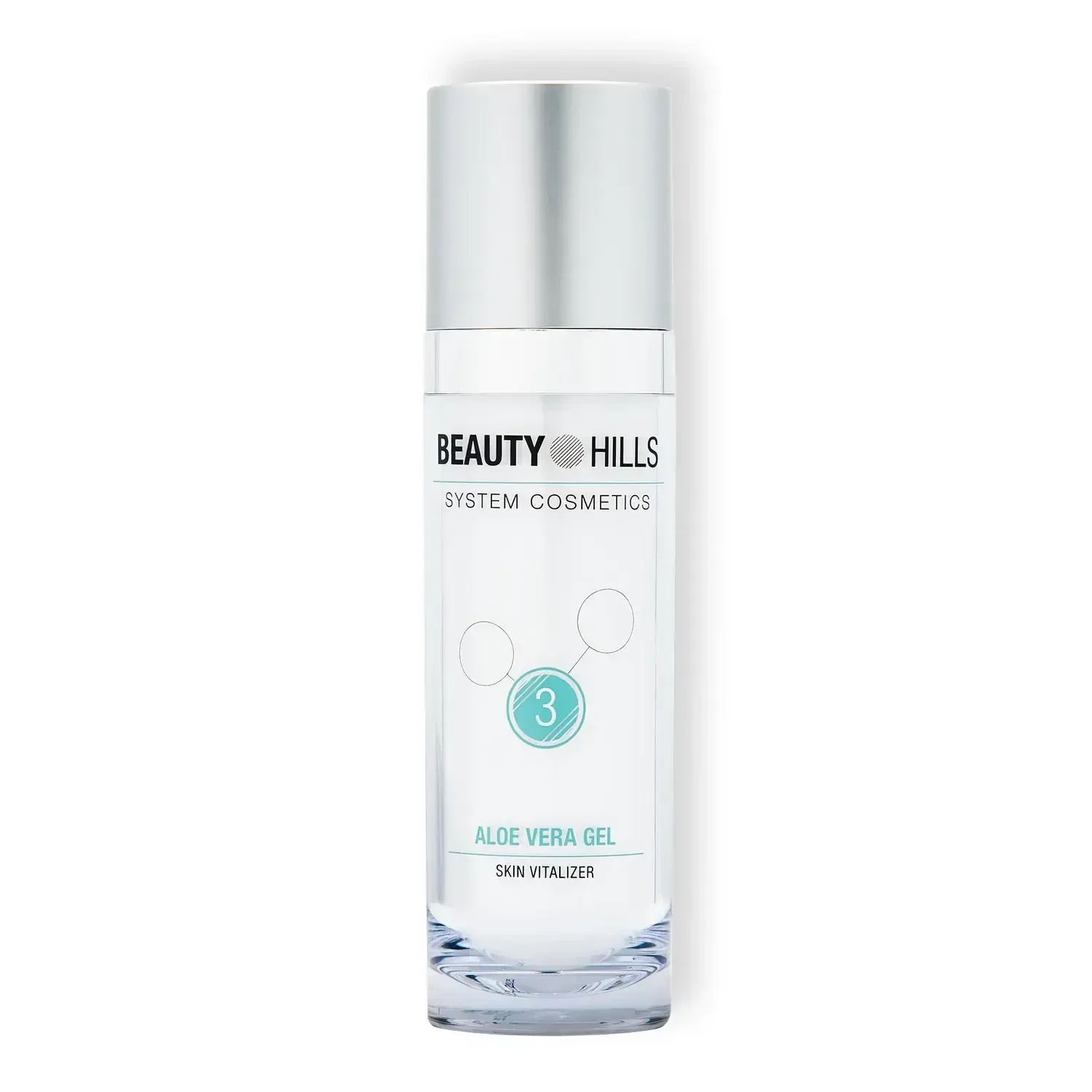 Una bottiglia di gel di aloe vera Beauty Hills su sfondo bianco.