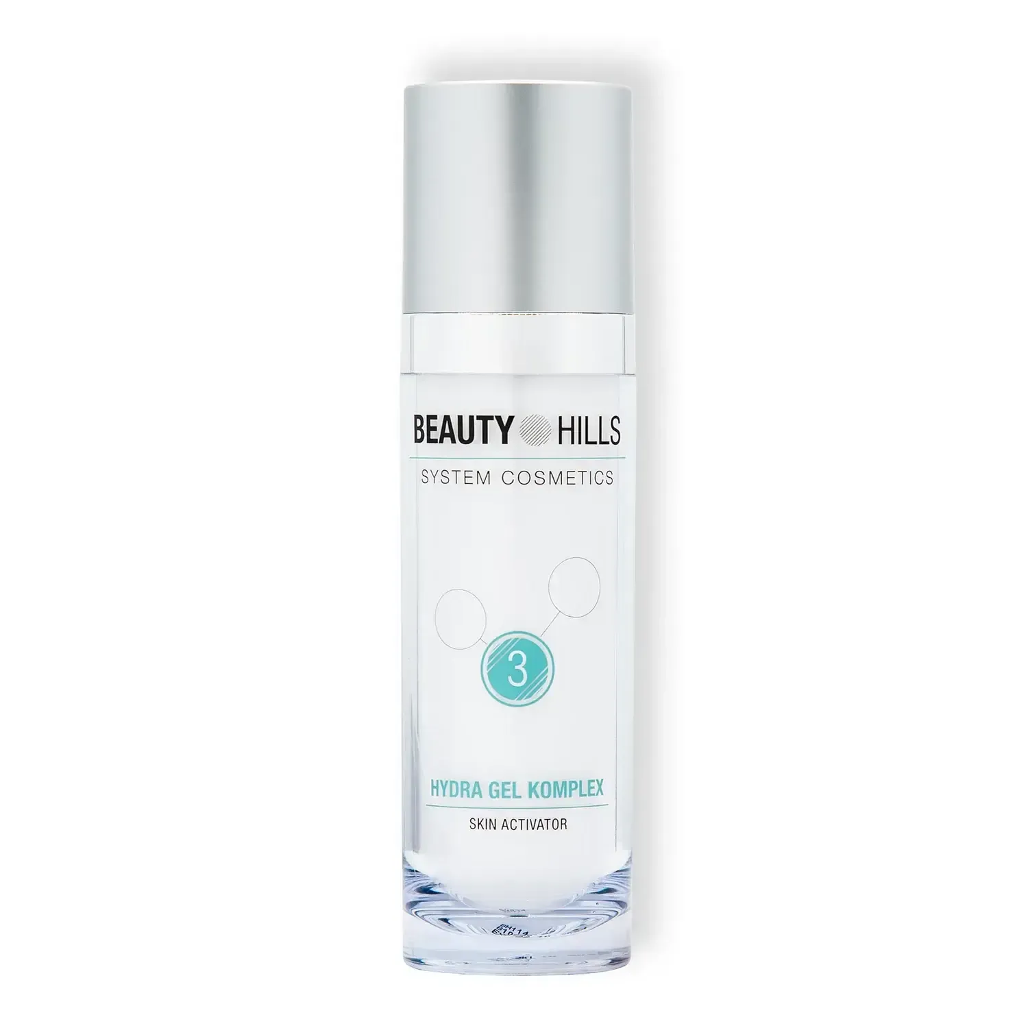 Una bottiglia di complesso di gel idra di Beauty Hills su sfondo bianco.