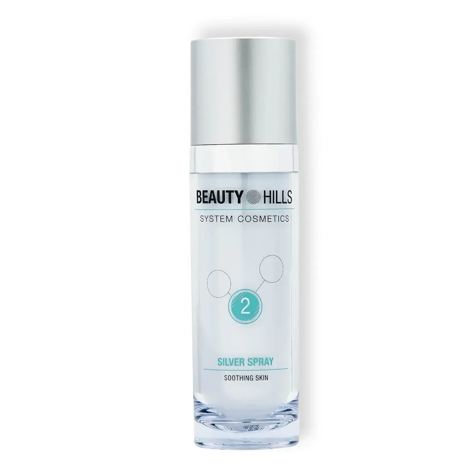 Una bottiglia di spray argento Beauty Hills su sfondo bianco.