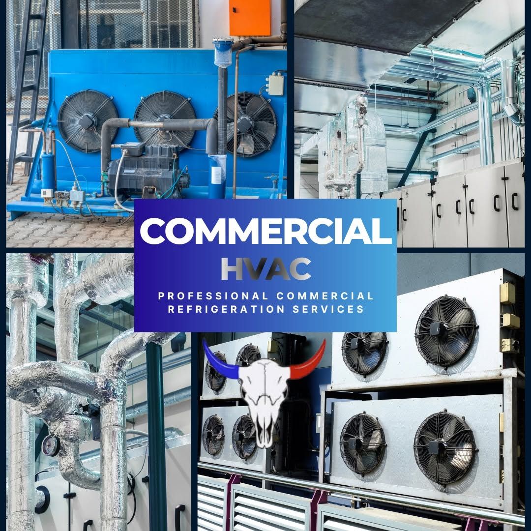 Collage of HVAC equipment with blue and purple “Commercial HVAC” service branding