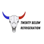 A logo for twenty below refrigeration with a bull skull. Commercial and Agricultural HVAC system installation and repair.