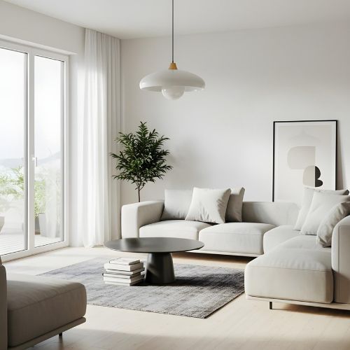 A living room with white furniture and a coffee table