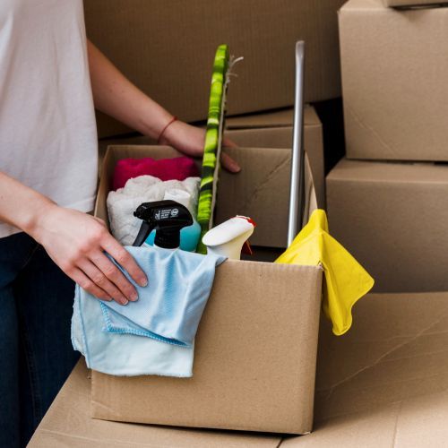A person is putting cleaning supplies in a cardboard box