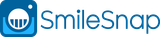 A blue and white logo for smilesnap with a cupcake on it