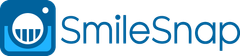 A blue and white logo for smilesnap with a cupcake on it